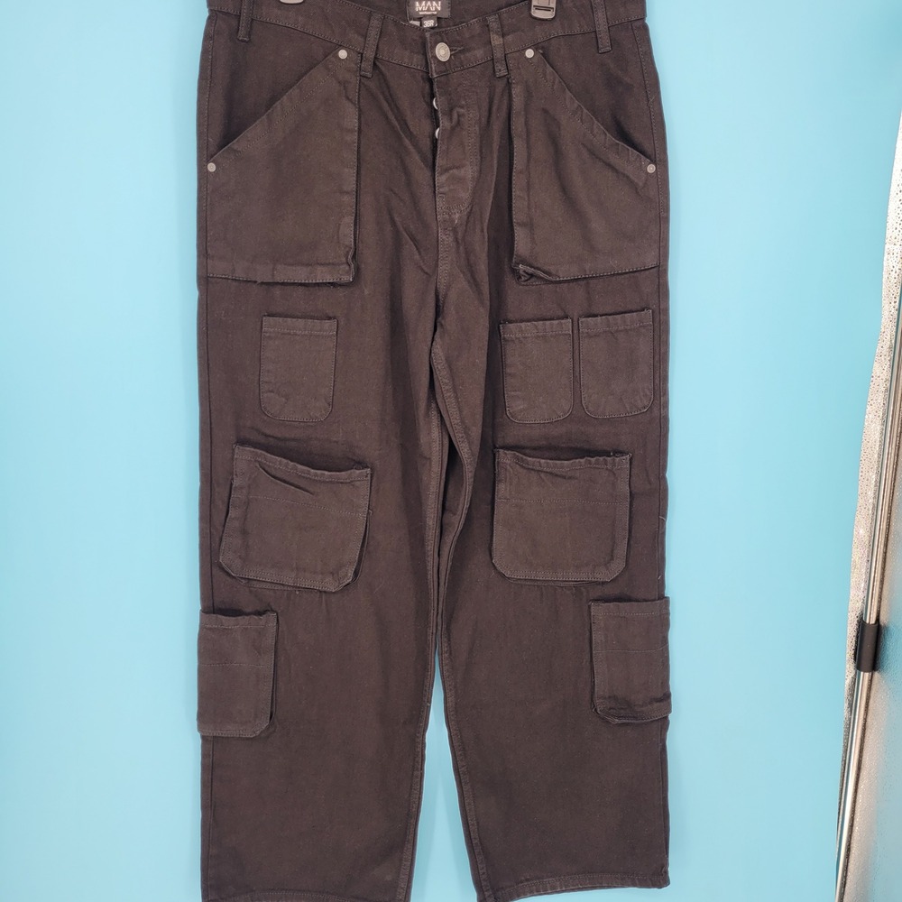 boohooMAN Multi Cargo Pocket Jeans Mens 36R Streetwear Black Cotton Baggy Fit
